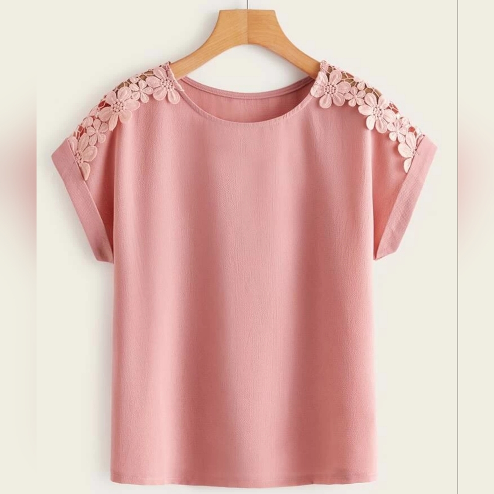 Contrast Lace Solid Blouse - Picture 2 of 6
